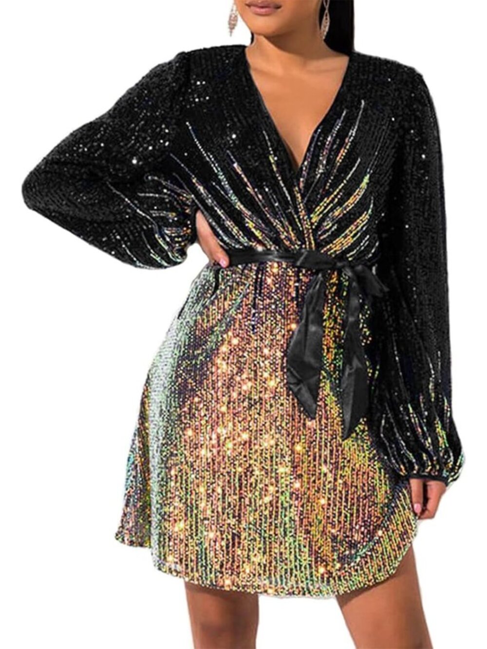 Plus Size Sequin Skater Dress with Long Sleeves & V-Neck for Cocktail Parties